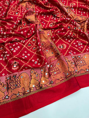 Peachmode Red Ajrakh Mirror Work Satin Viscose Silk Saree - Image 2