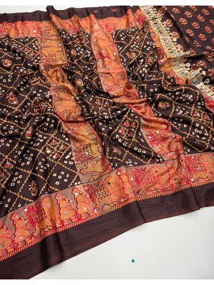Peachmode Brown Ajrakh Mirror Work Satin Viscose Silk Saree - Image 2