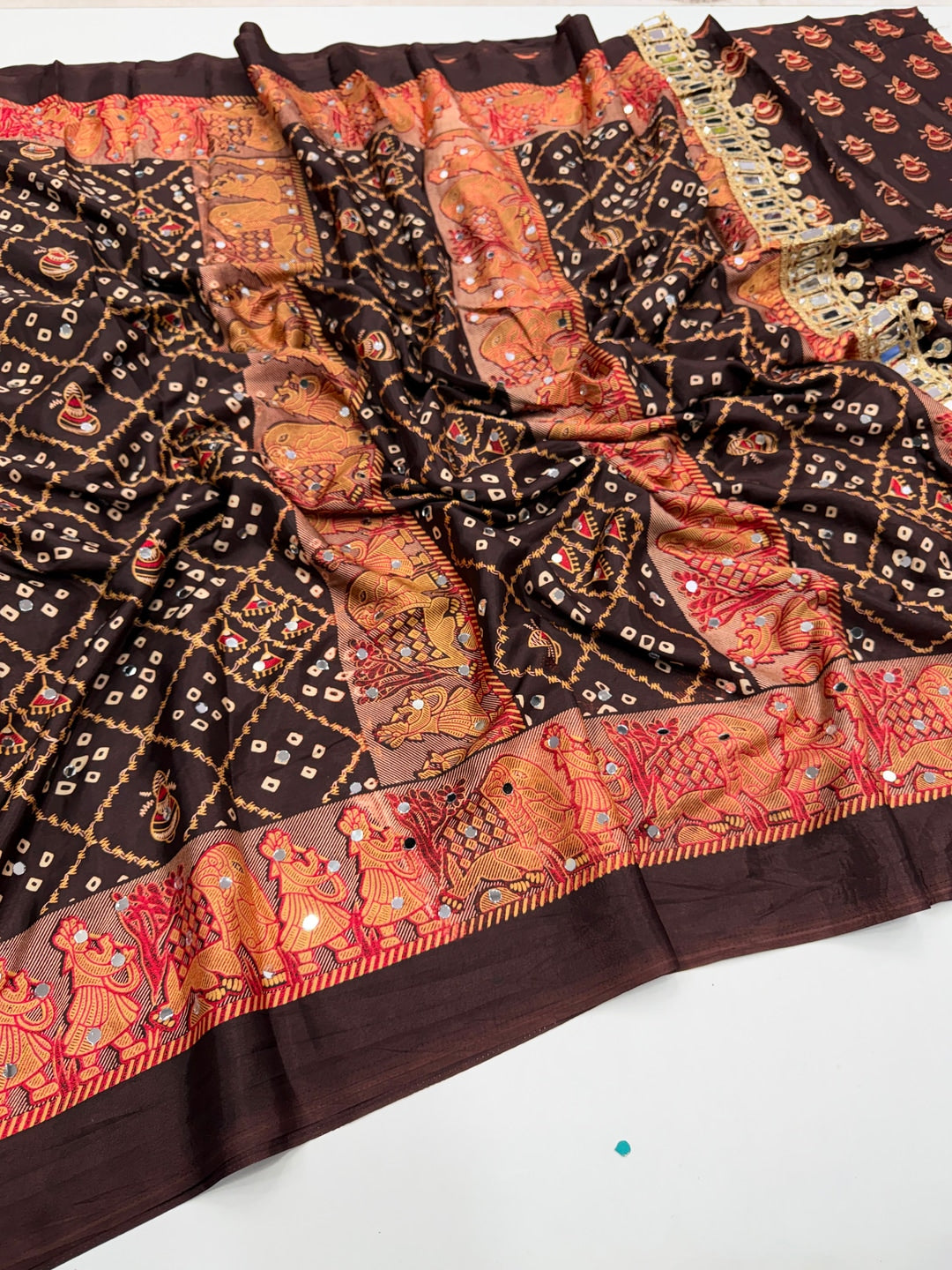 Peachmode Brown Ajrakh Mirror Work Satin Viscose Silk Saree - Image 3