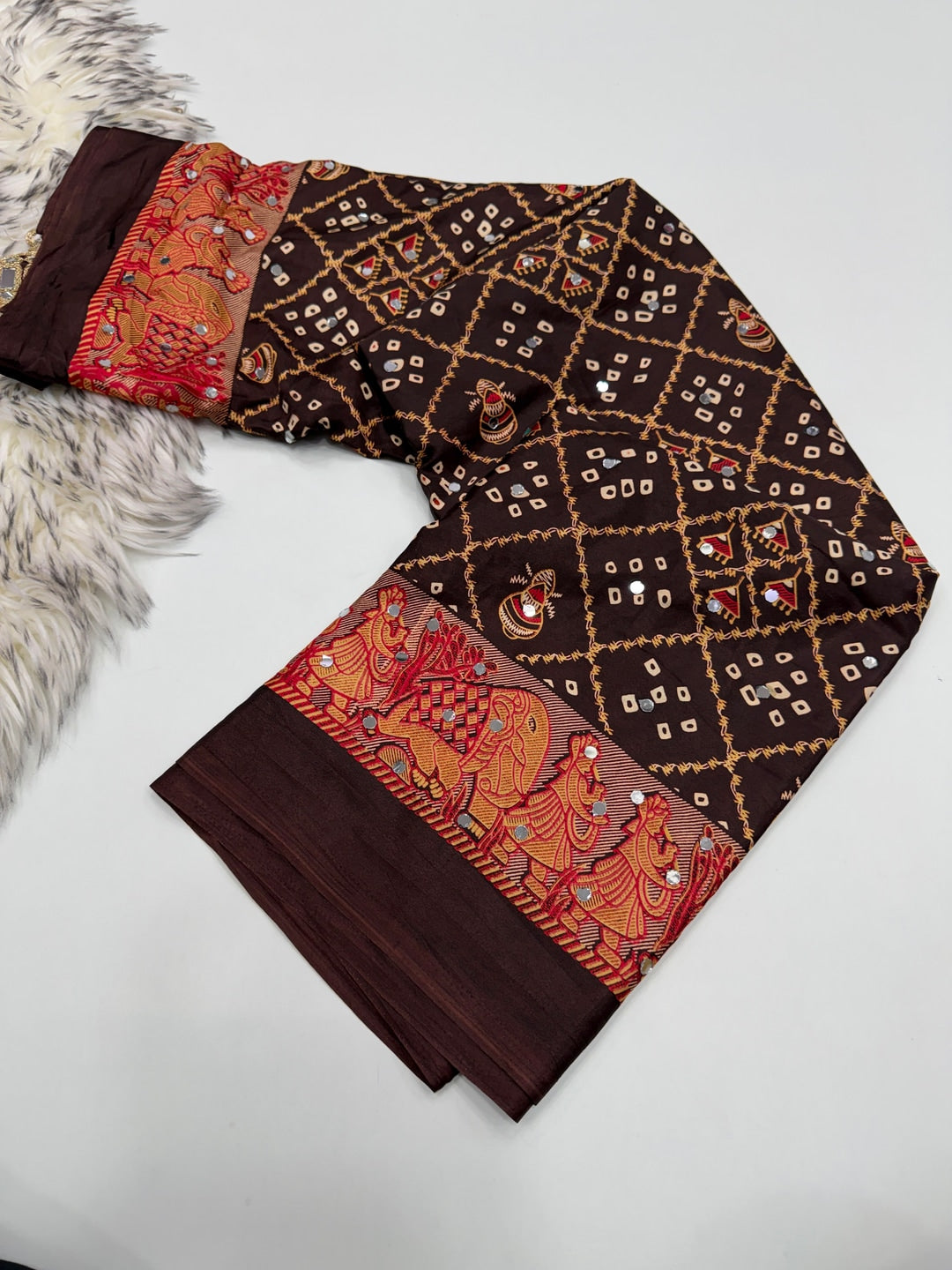 Peachmode Brown Ajrakh Mirror Work Satin Viscose Silk Saree - Image 4