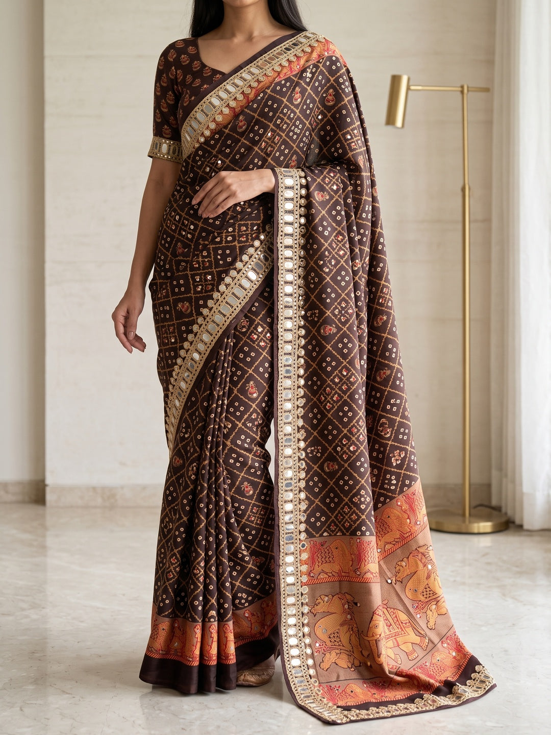 Peachmode Brown Ajrakh Mirror Work Satin Viscose Silk Saree - Image 1