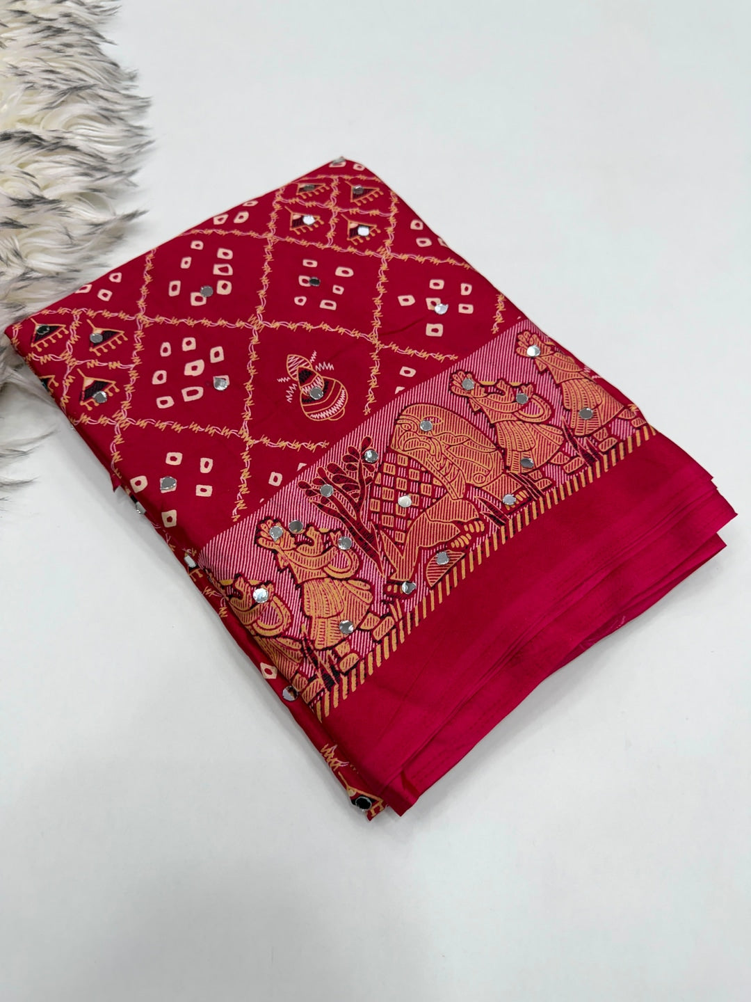 Peachmode Magenta Ajrakh Mirror Work Satin Viscose Silk Saree - Image 5