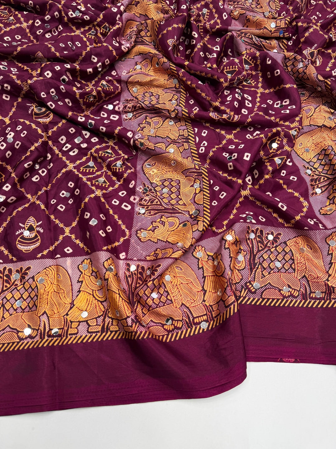 Peachmode Wine Ajrakh Mirror Work Satin Viscose Silk Saree - Image 2