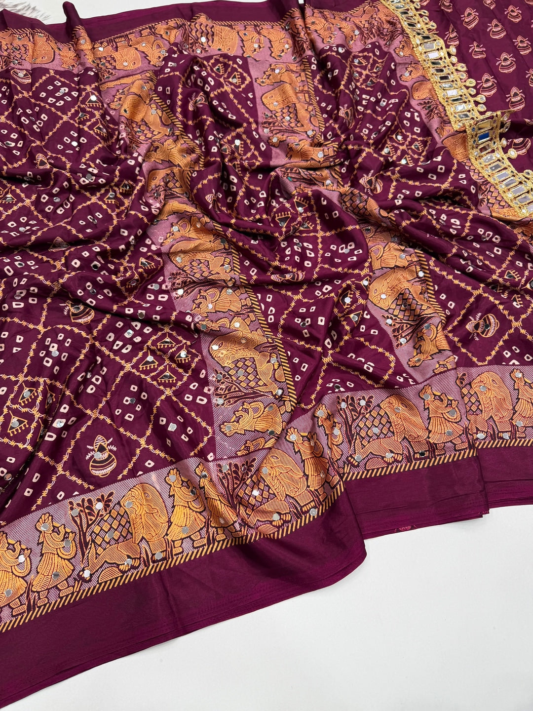 Peachmode Wine Ajrakh Mirror Work Satin Viscose Silk Saree - Image 3