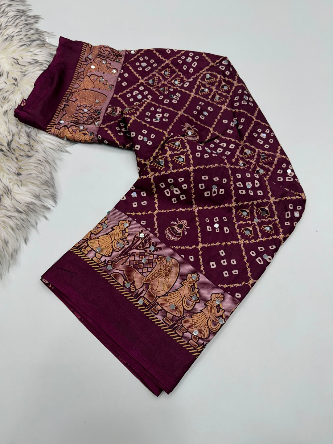 Peachmode Wine Ajrakh Mirror Work Satin Viscose Silk Saree - Image 4