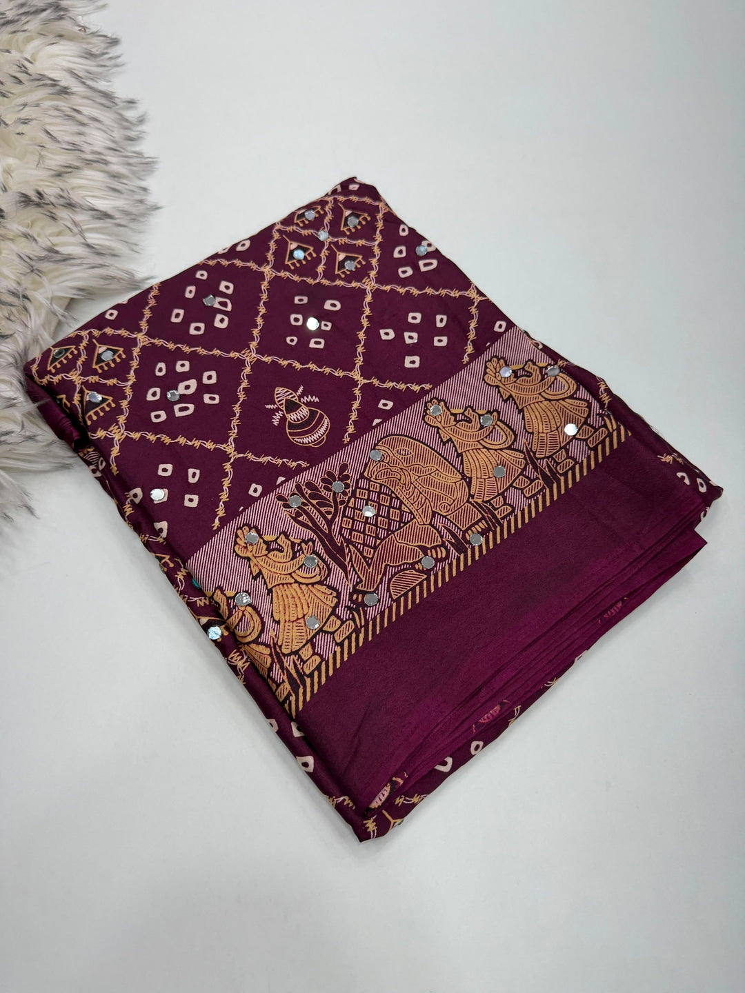 Peachmode Wine Ajrakh Mirror Work Satin Viscose Silk Saree - Image 5