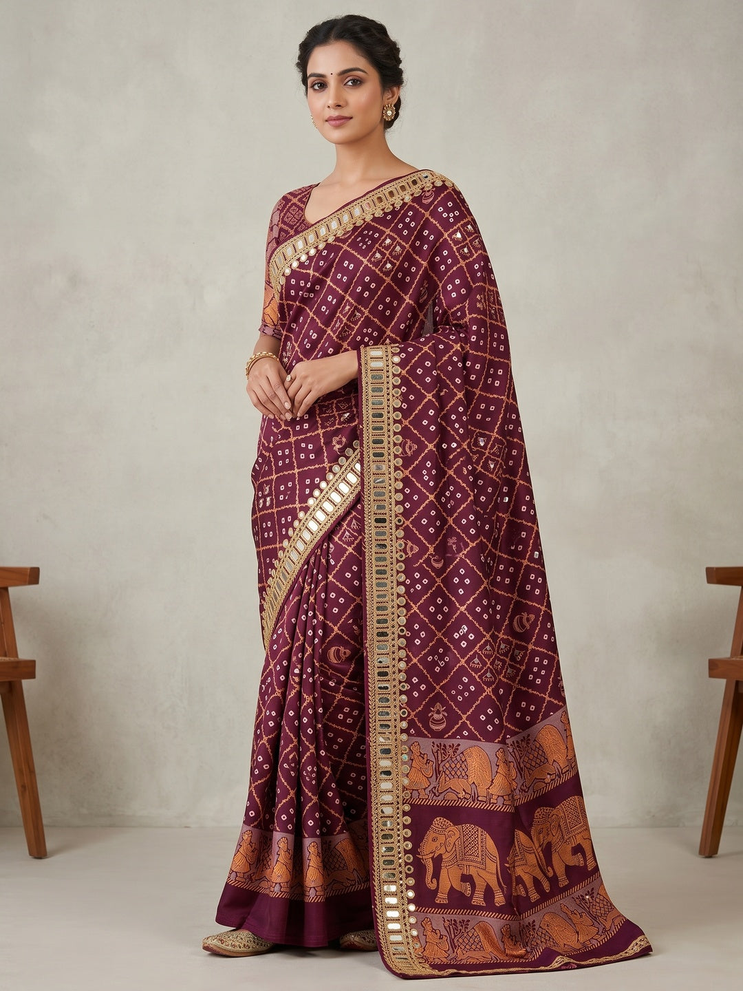 Peachmode Wine Ajrakh Mirror Work Satin Viscose Silk Saree - Image 1