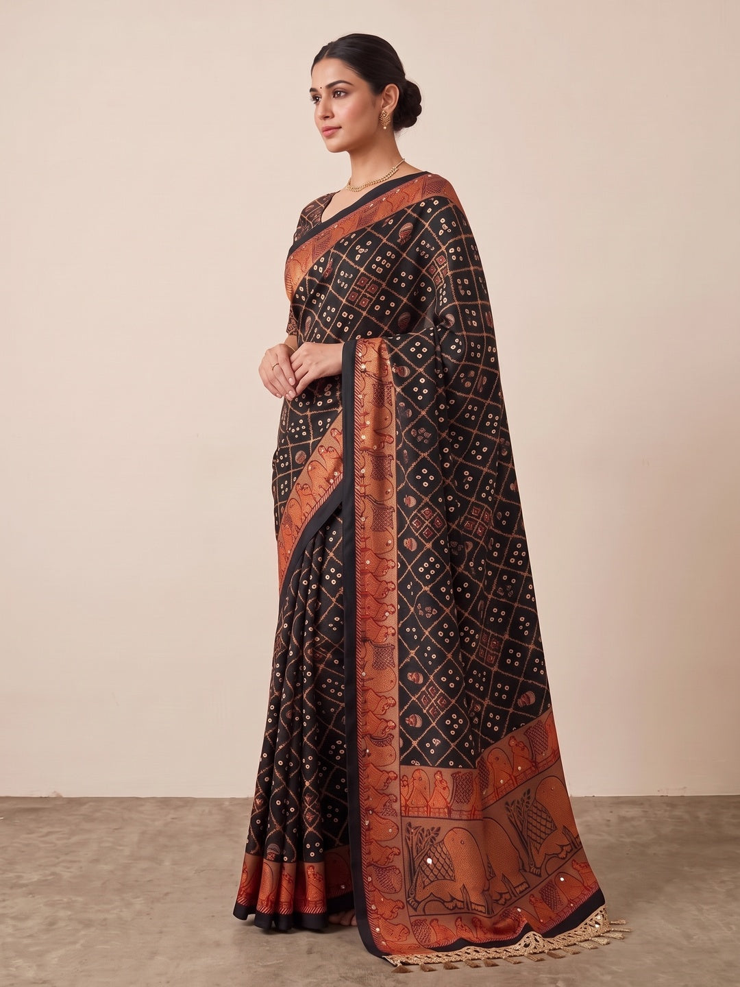 Peachmode Black Ajrakh Mirror Work Satin Viscose Silk Saree - Image 4