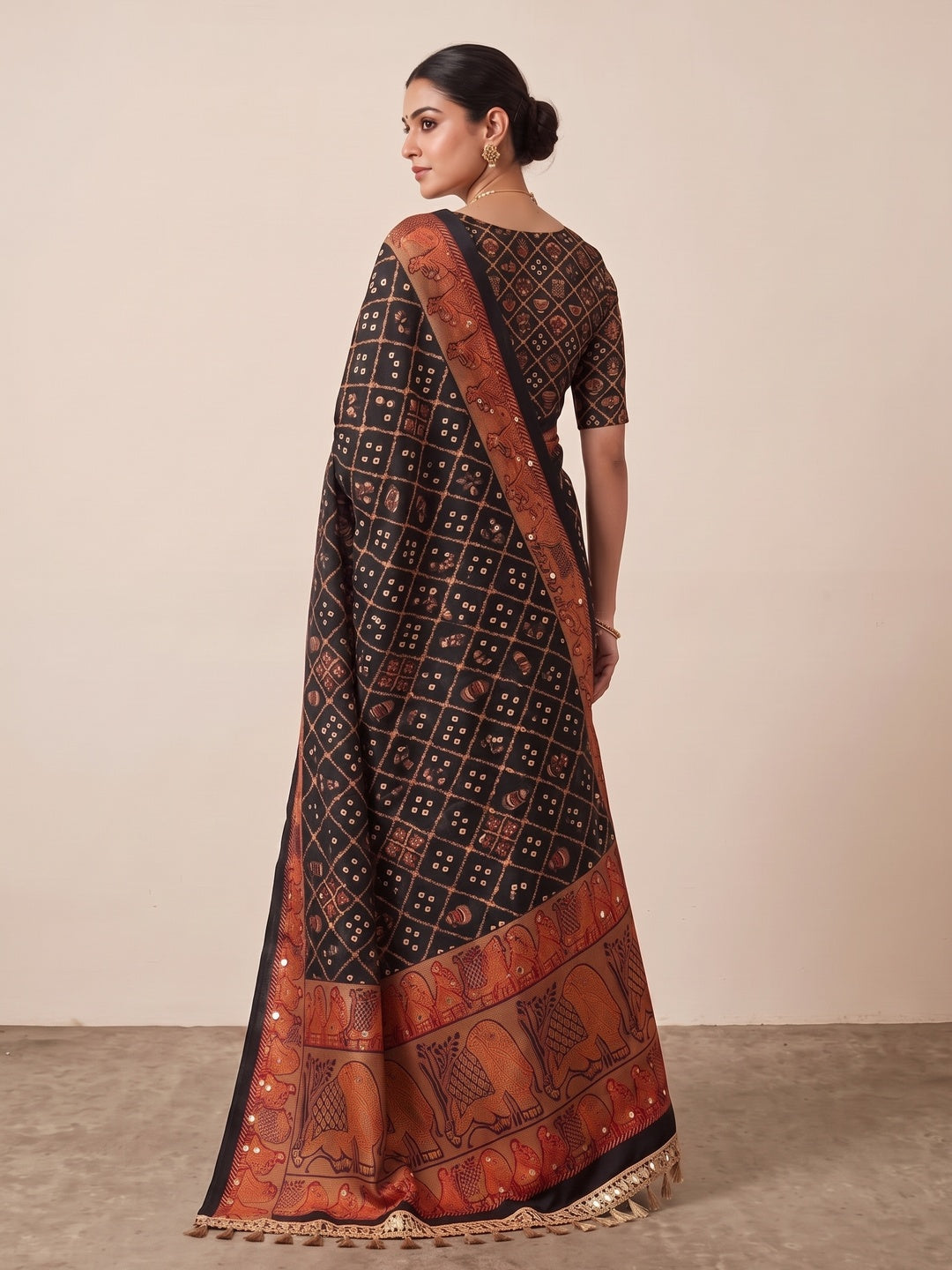 Peachmode Black Ajrakh Mirror Work Satin Viscose Silk Saree - Image 5