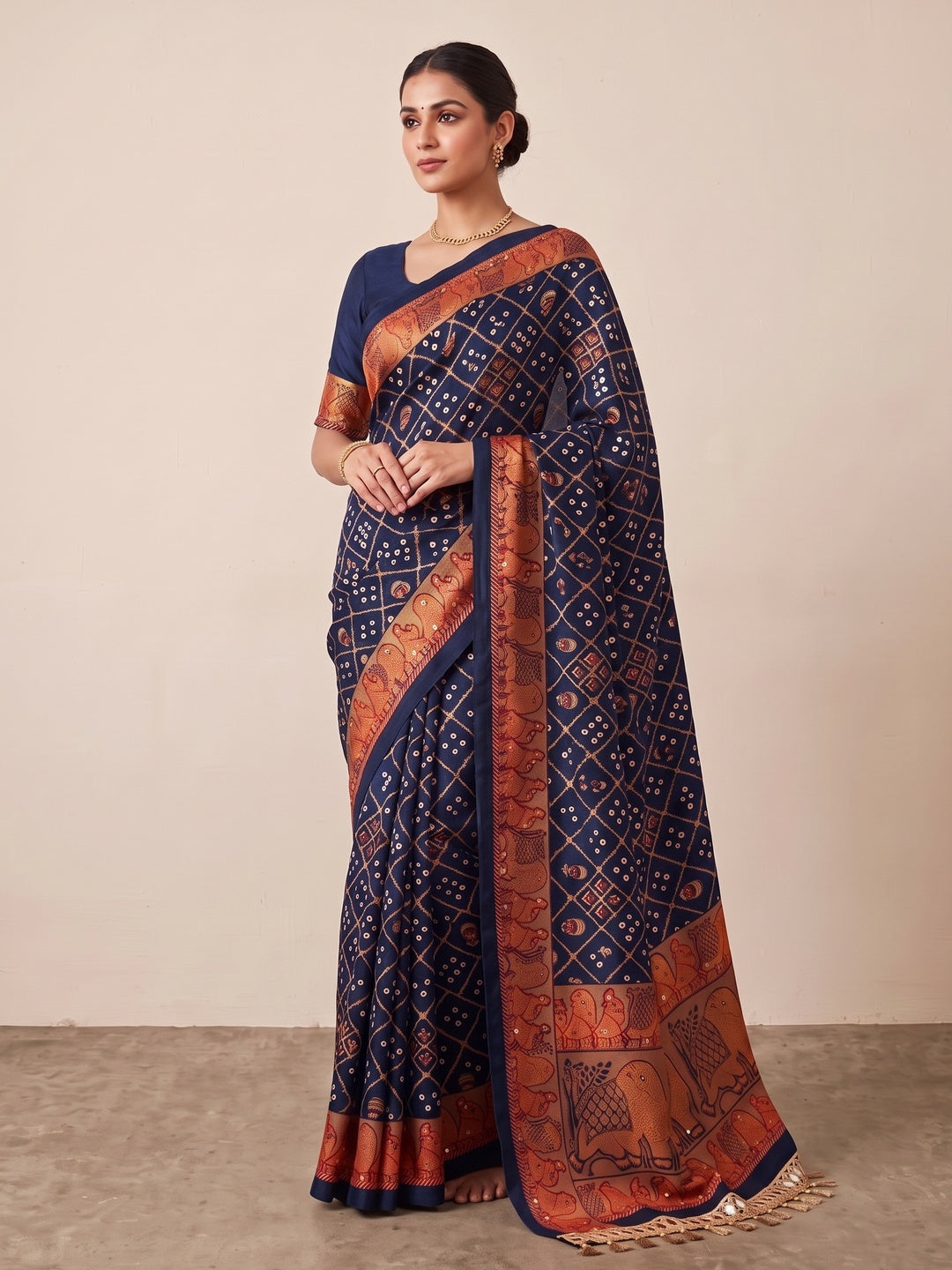 Peachmode Navy Blue Ajrakh Mirror Work Satin Viscose Silk Saree - Image 1