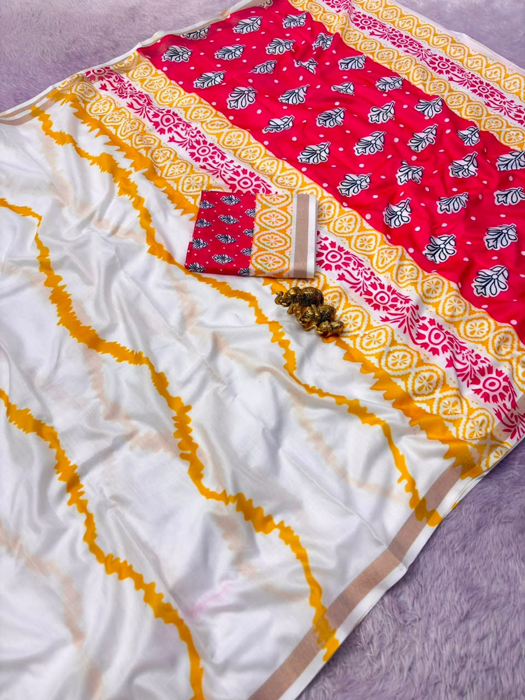 Peachmode Yellow Leheriya Kalamkari Mul Cotton Saree - Image 3