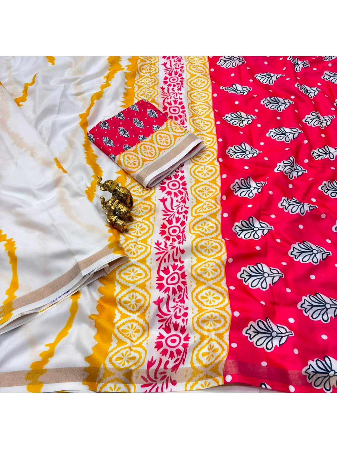 Peachmode Yellow Leheriya Kalamkari Mul Cotton Saree - Image 4