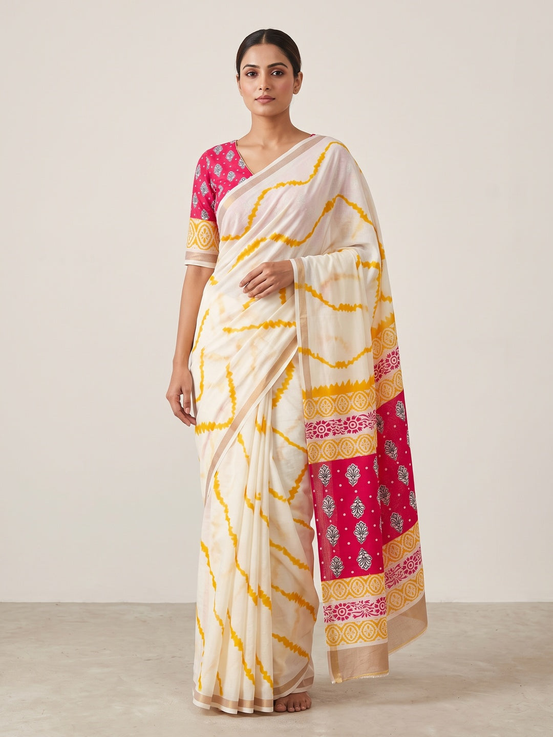 Peachmode Yellow Leheriya Kalamkari Mul Cotton Saree - Image 1