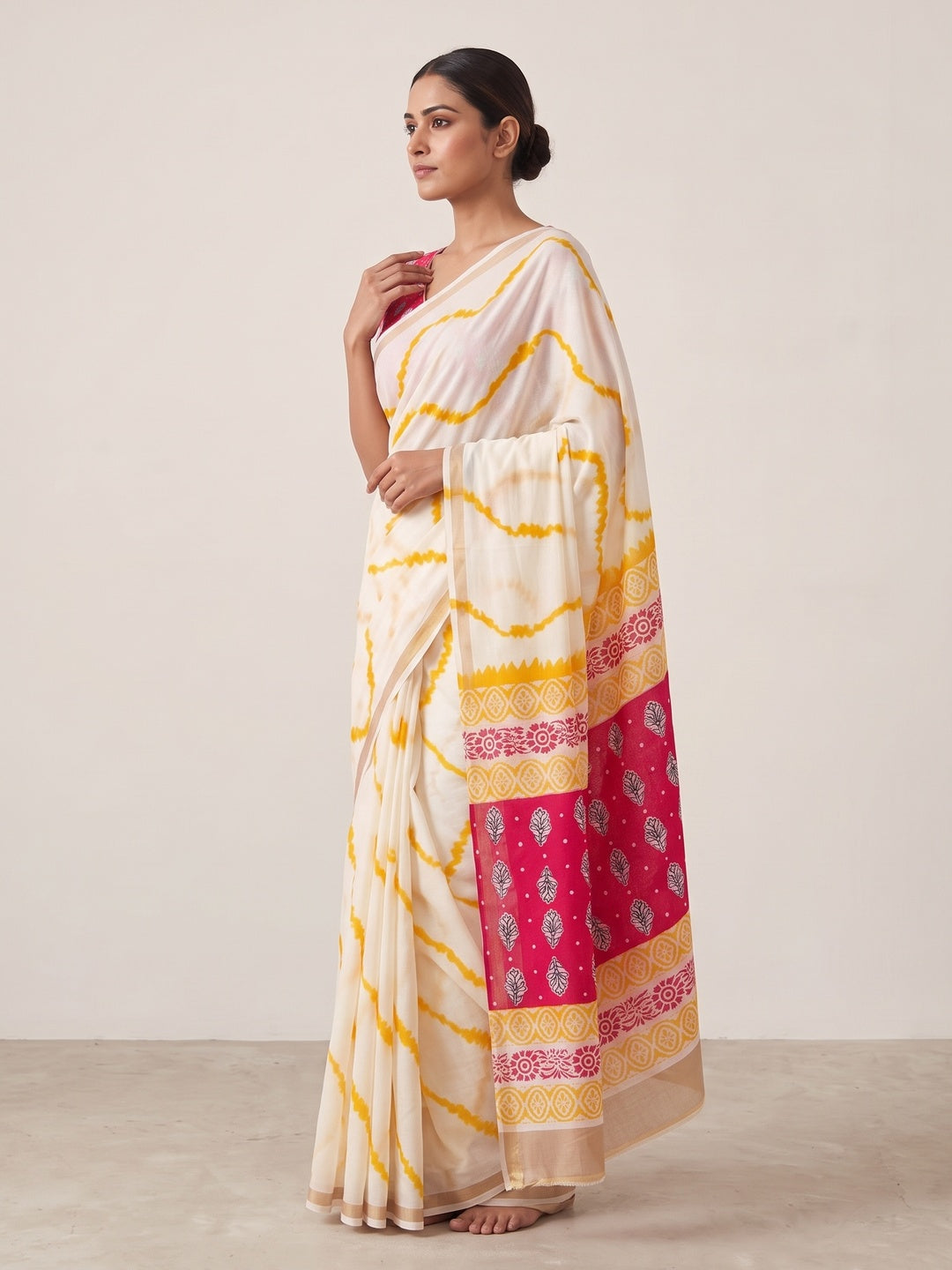 Peachmode Yellow Leheriya Kalamkari Mul Cotton Saree - Image 5