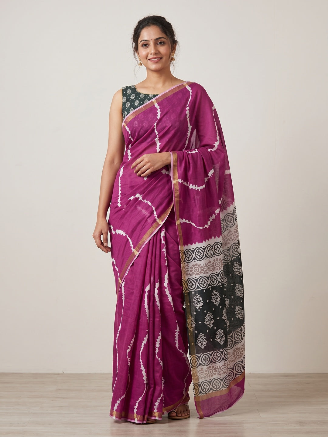 Peachmode Wine Leheriya Kalamkari Mul Cotton Saree - Image 1