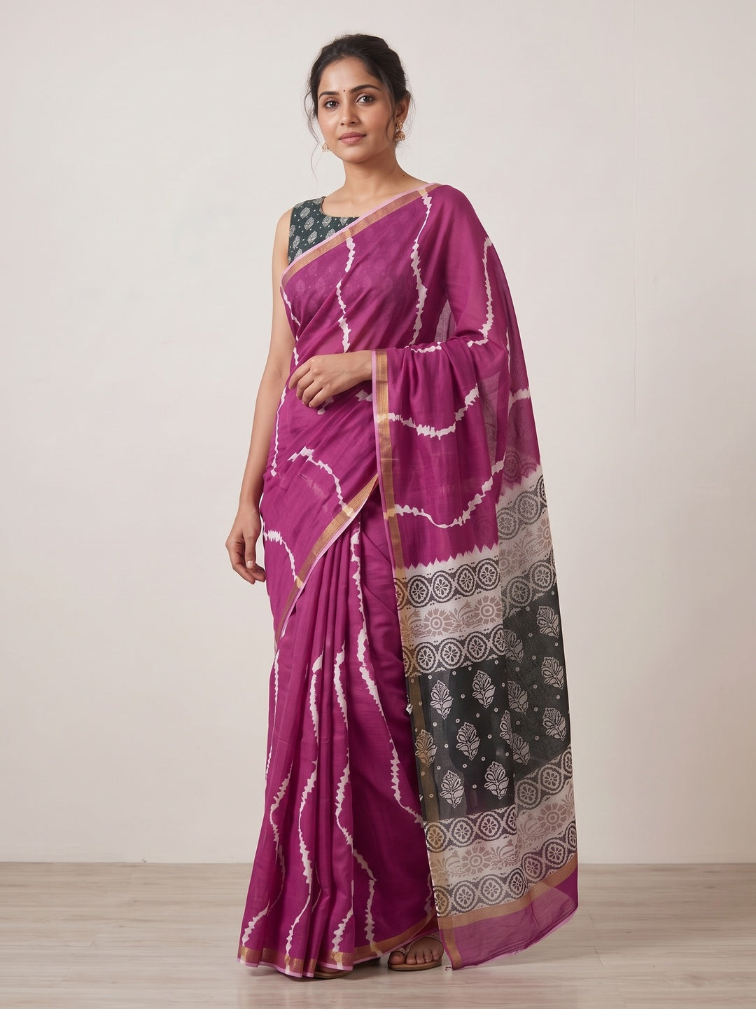 Peachmode Wine Leheriya Kalamkari Mul Cotton Saree - Image 5