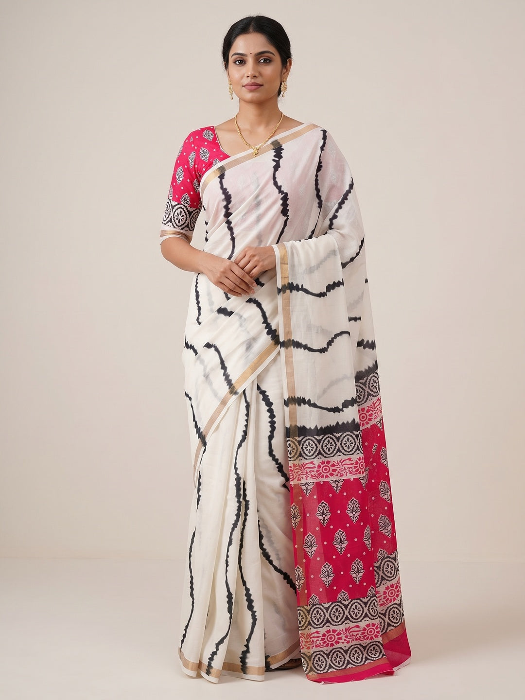 Peachmode Offwhite Leheriya Kalamkari Mul Cotton Saree - Image 1