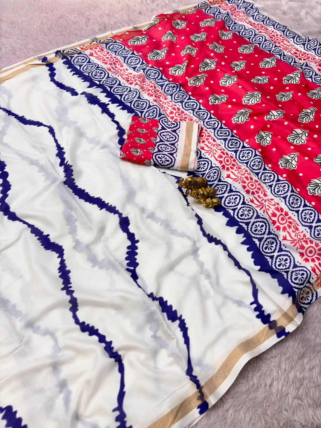 Peachmode Blue Leheriya Kalamkari Mul Cotton Saree - Image 3