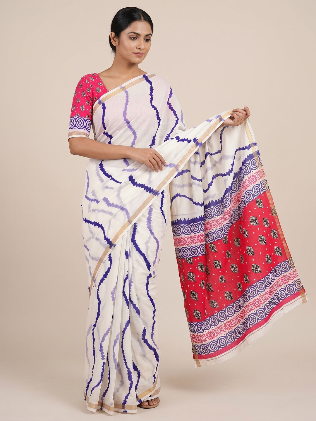 Peachmode Blue Leheriya Kalamkari Mul Cotton Saree - Image 1