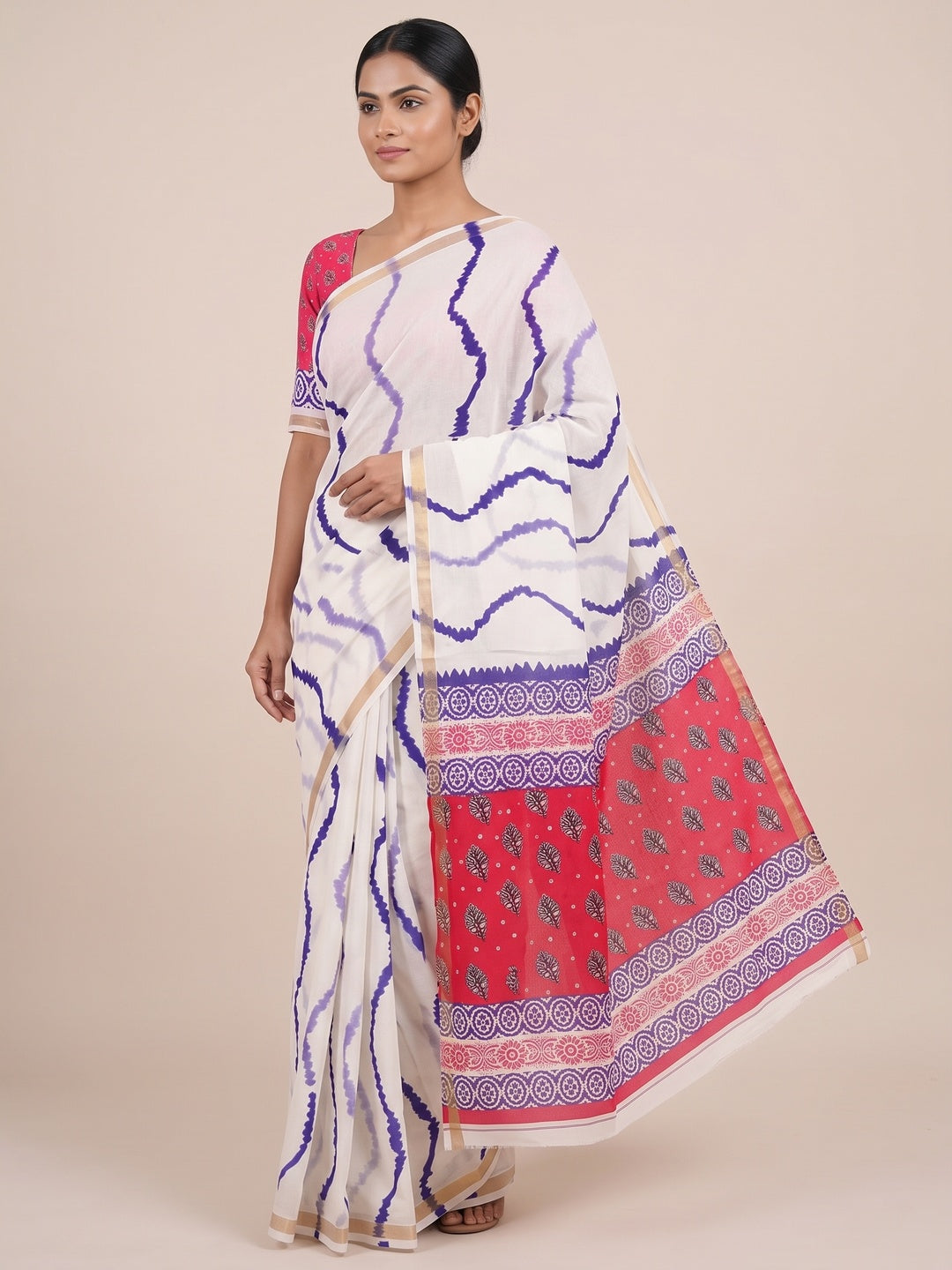 Peachmode Blue Leheriya Kalamkari Mul Cotton Saree - Image 5