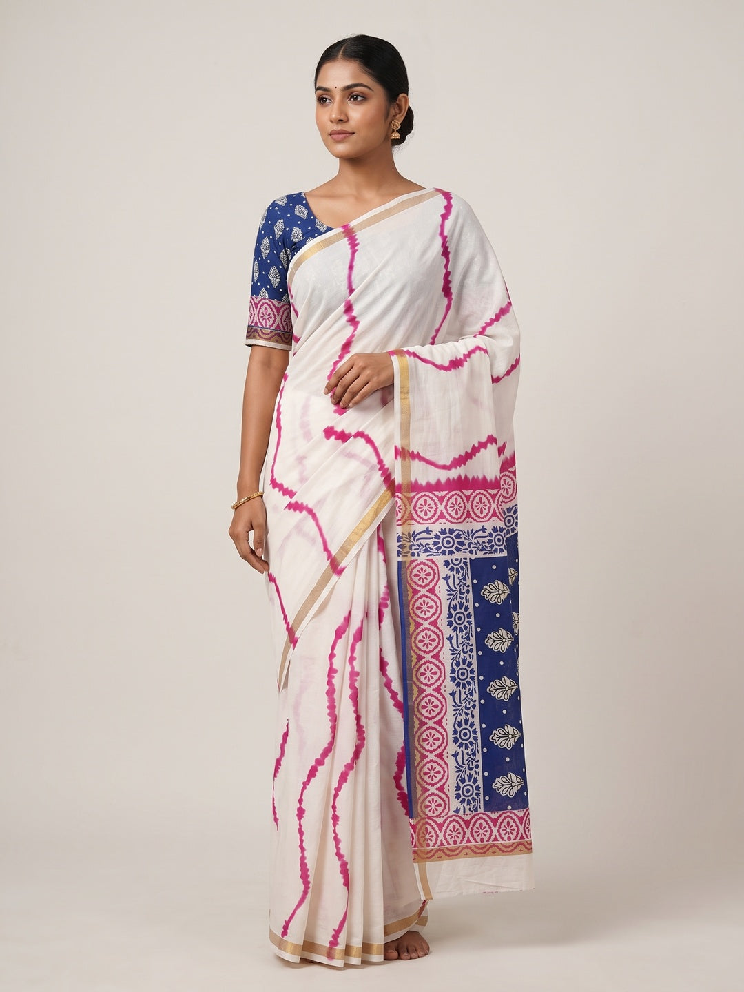 Peachmode Pink Leheriya Kalamkari Mul Cotton Saree - Image 1