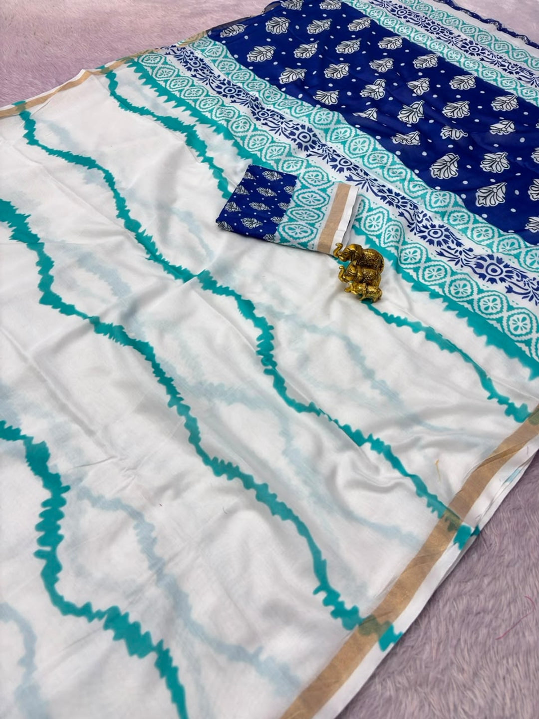 Peachmode Rama Blue Leheriya Kalamkari Mul Cotton Saree - Image 4