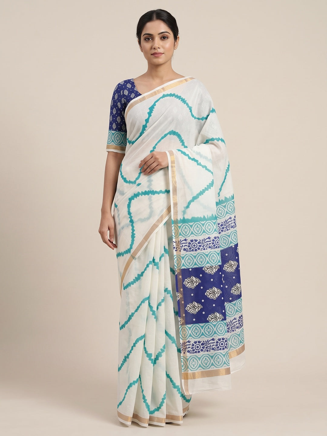 Peachmode Rama Blue Leheriya Kalamkari Mul Cotton Saree - Image 1