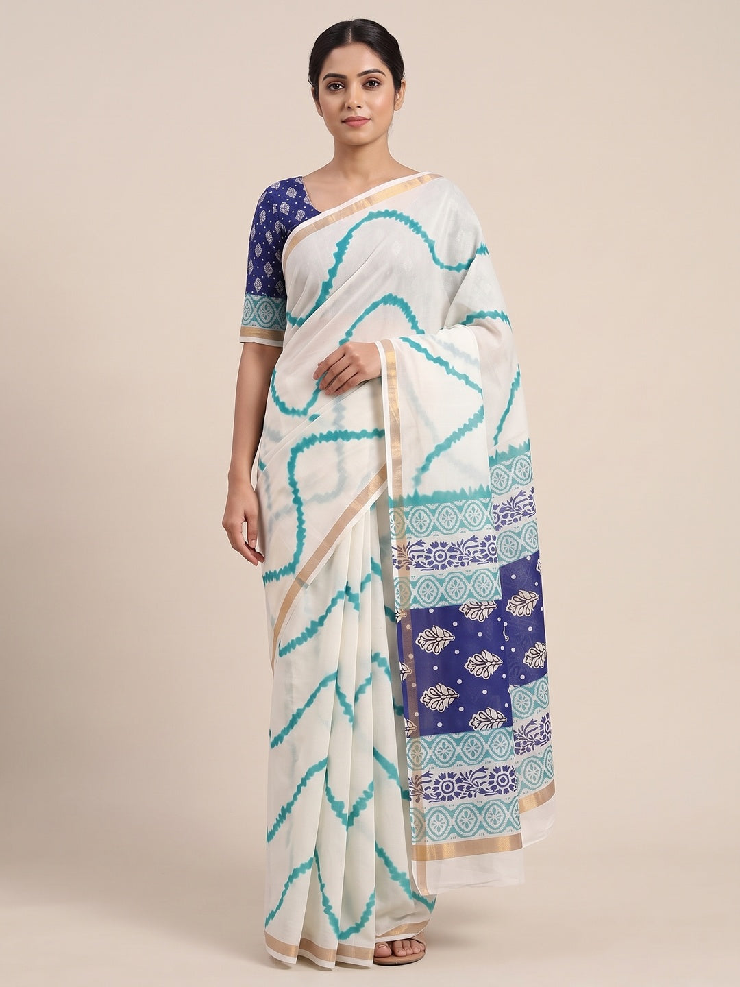 Peachmode Rama Blue Leheriya Kalamkari Mul Cotton Saree - Image 5