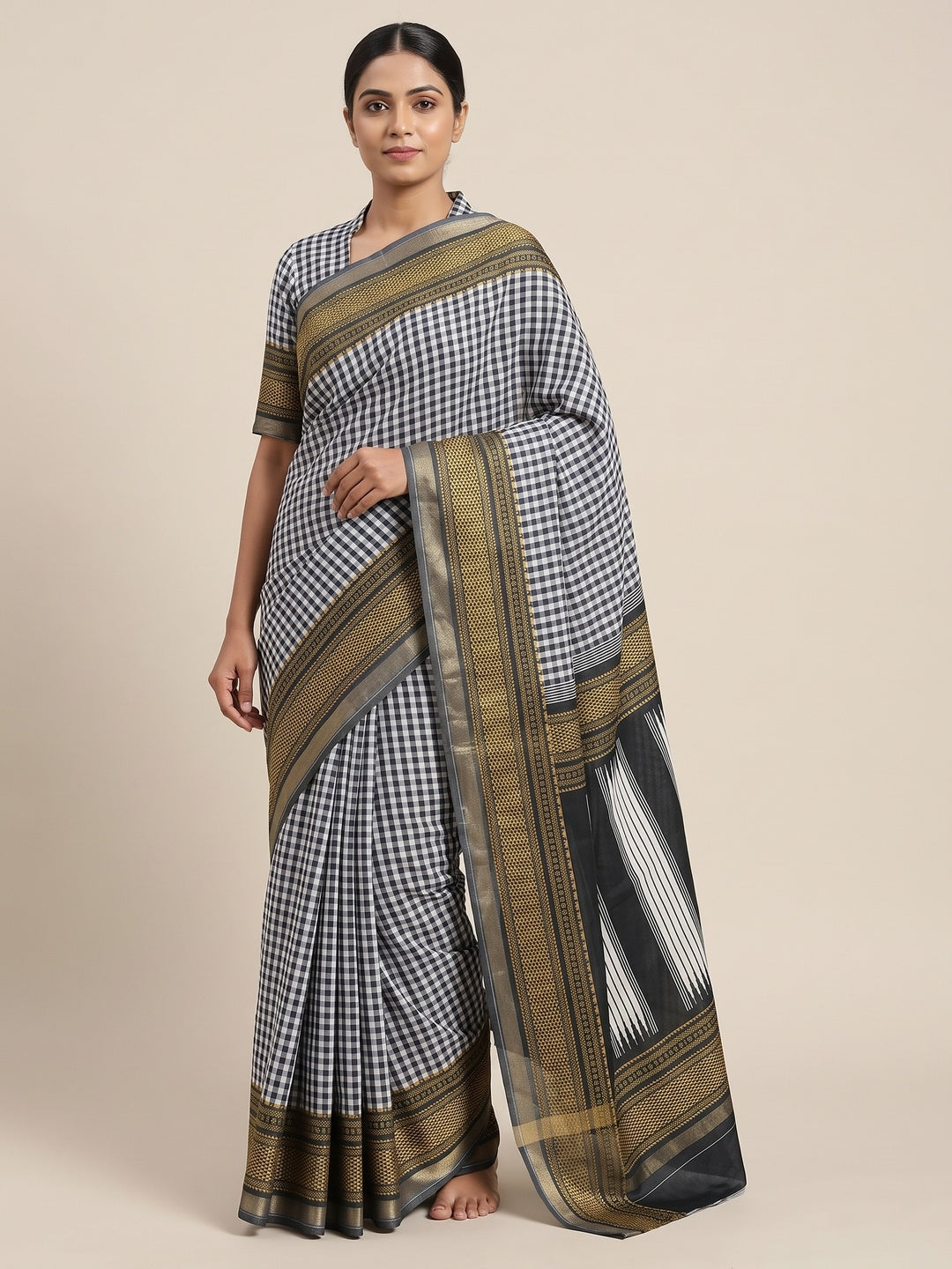 Peachmode Black Checkered Mul Cotton Saree - Image 1