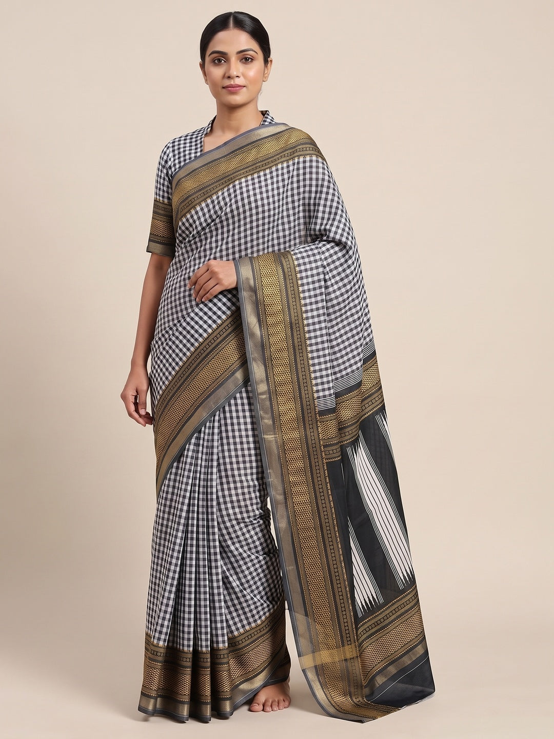 Peachmode Black Checkered Mul Cotton Saree - Image 5