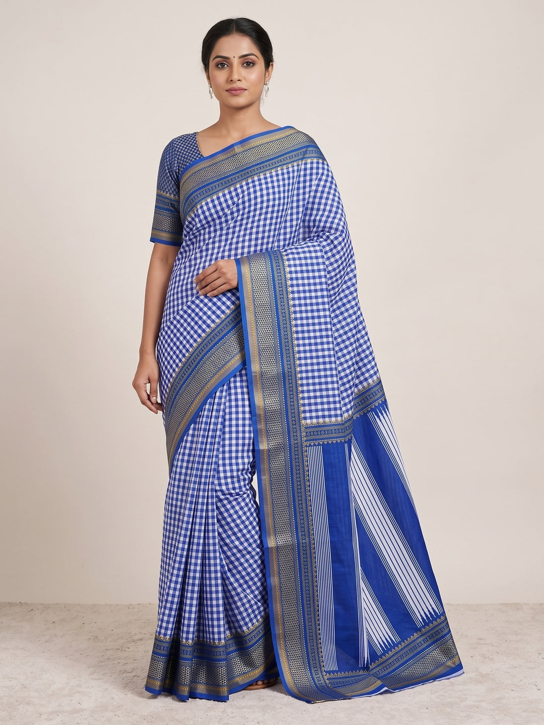 Peachmode Blue Checkered Mul Cotton Saree - Image 1