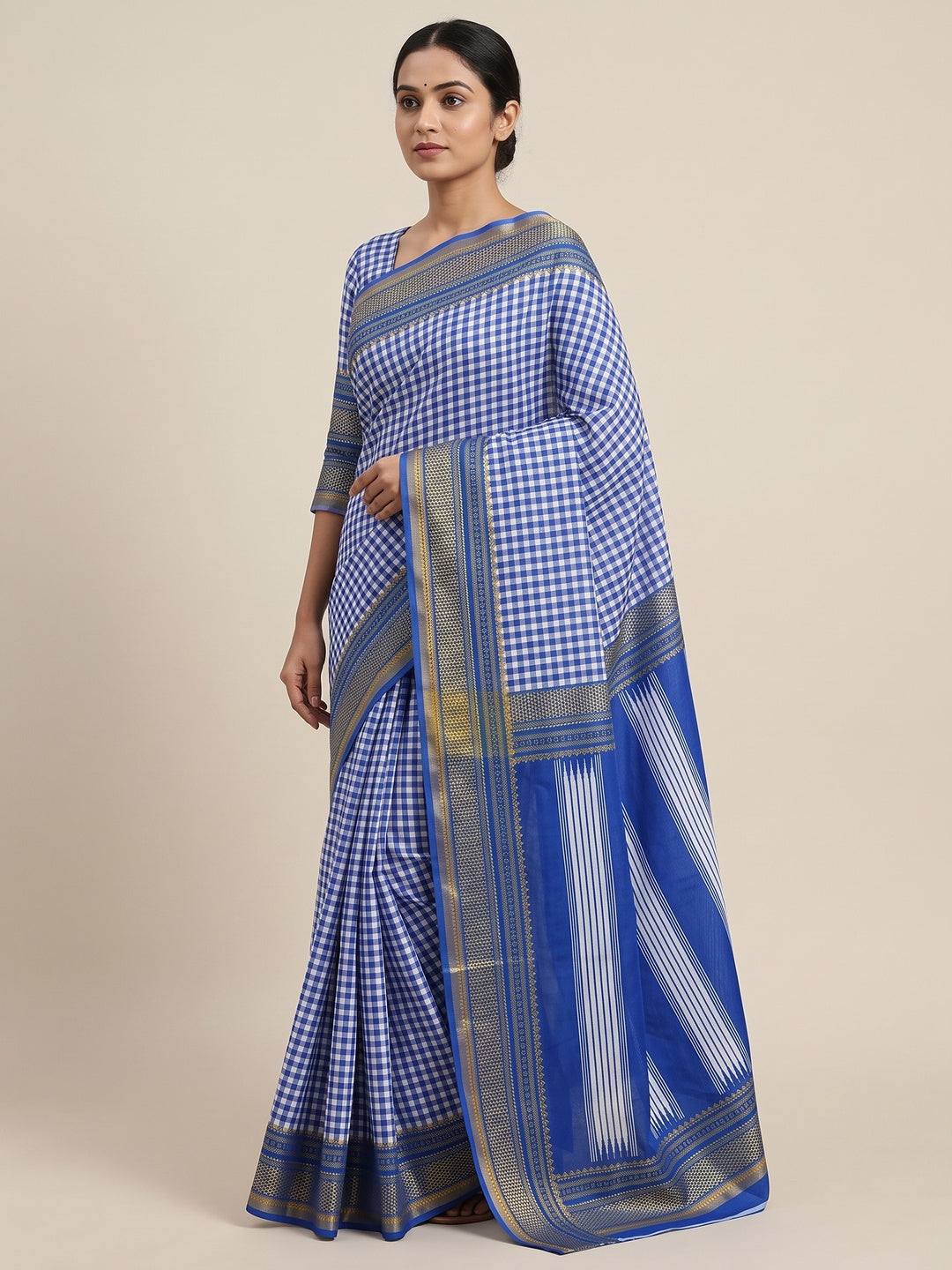 Peachmode Blue Checkered Mul Cotton Saree - Image 5