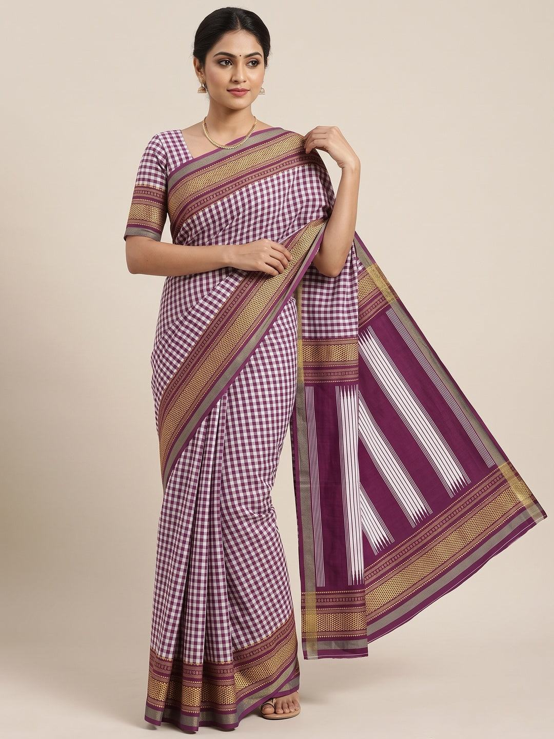 Peachmode Wine Checkered Mul Cotton Saree - Image 1