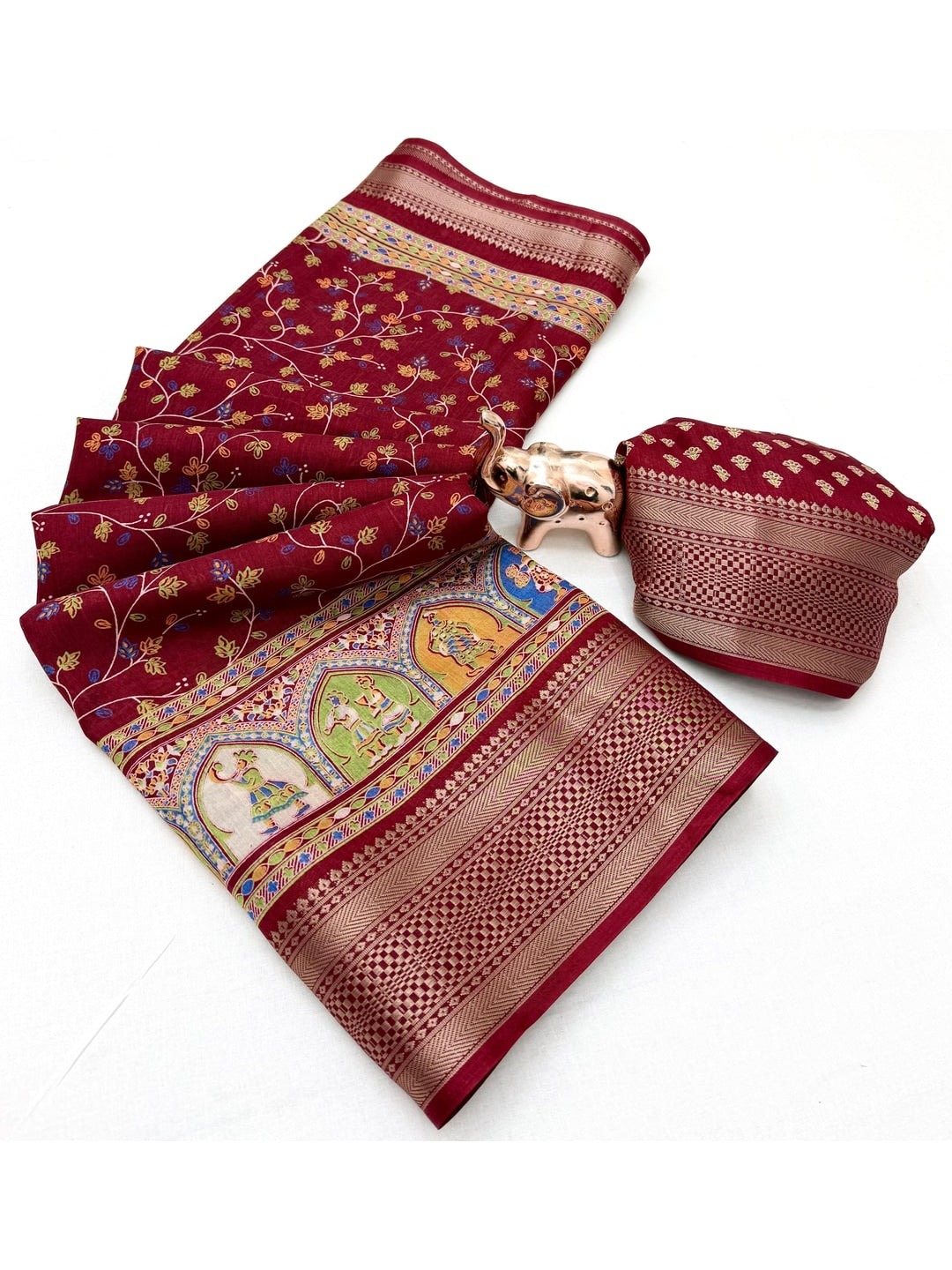 Peachmode Maroon Floral Printed Dolla Silk Saree with Woven Border - Image 3