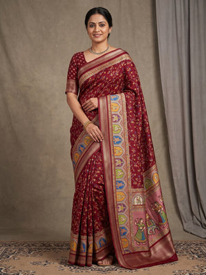 Peachmode Maroon Floral Printed Dolla Silk Saree with Woven Border - Image 1