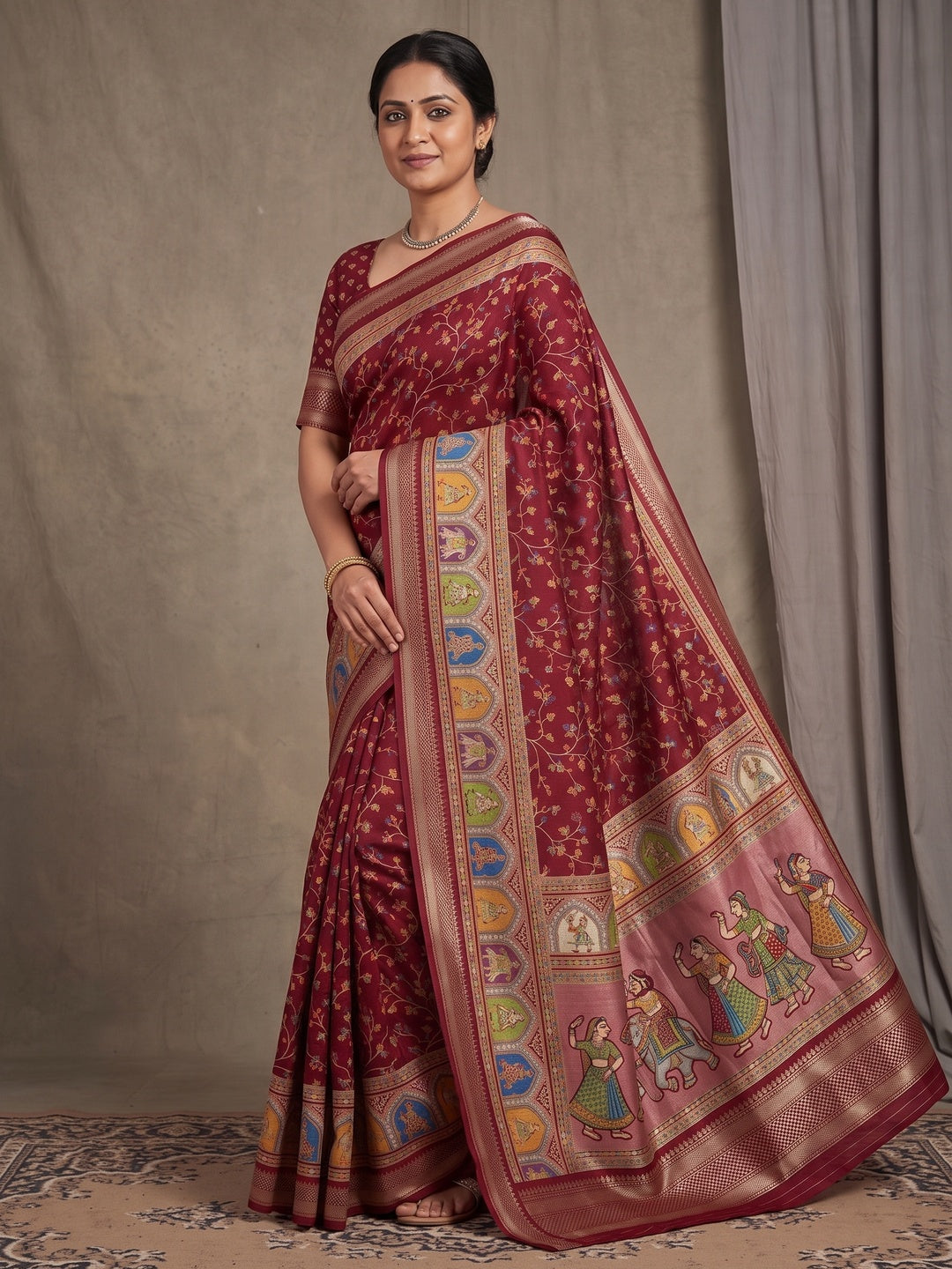 Peachmode Maroon Floral Printed Dolla Silk Saree with Woven Border - Image 4