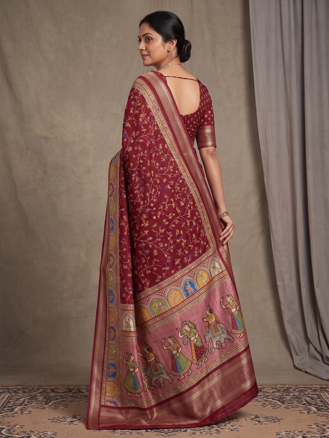 Peachmode Maroon Floral Printed Dolla Silk Saree with Woven Border - Image 5