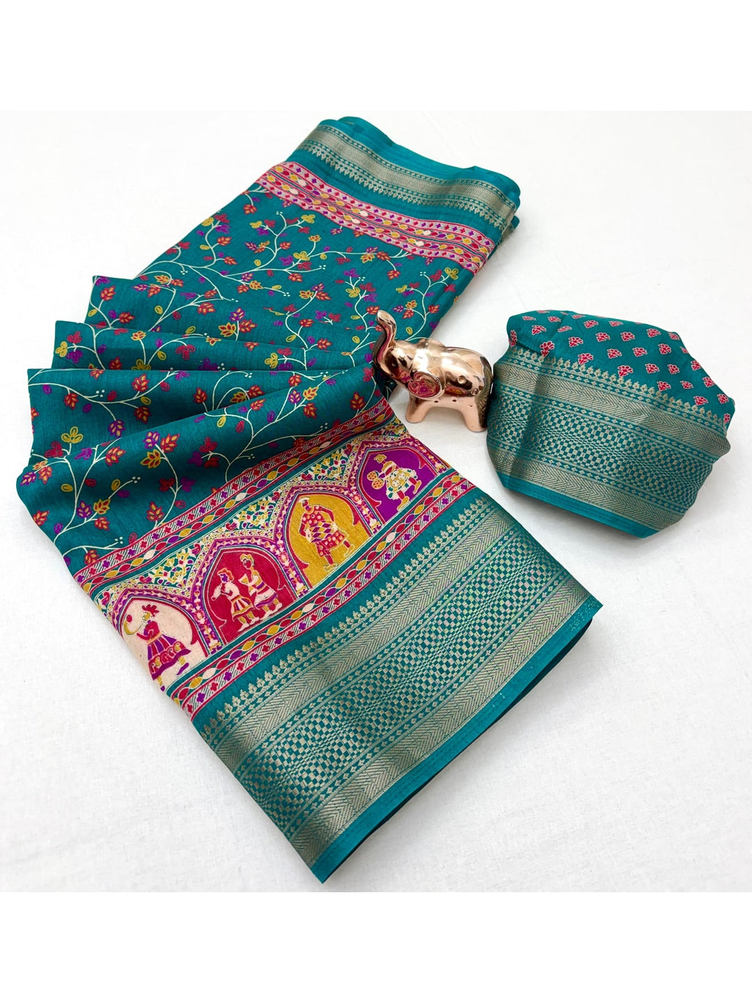 Peachmode Teal Blue Floral Printed Dolla Silk Saree with Woven Border - Image 3