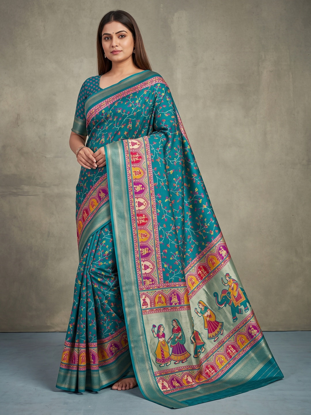 Peachmode Teal Blue Floral Printed Dolla Silk Saree with Woven Border - Image 1