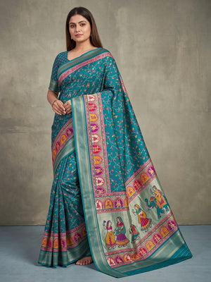 Peachmode Teal Blue Floral Printed Dolla Silk Saree with Woven Border - Image 1