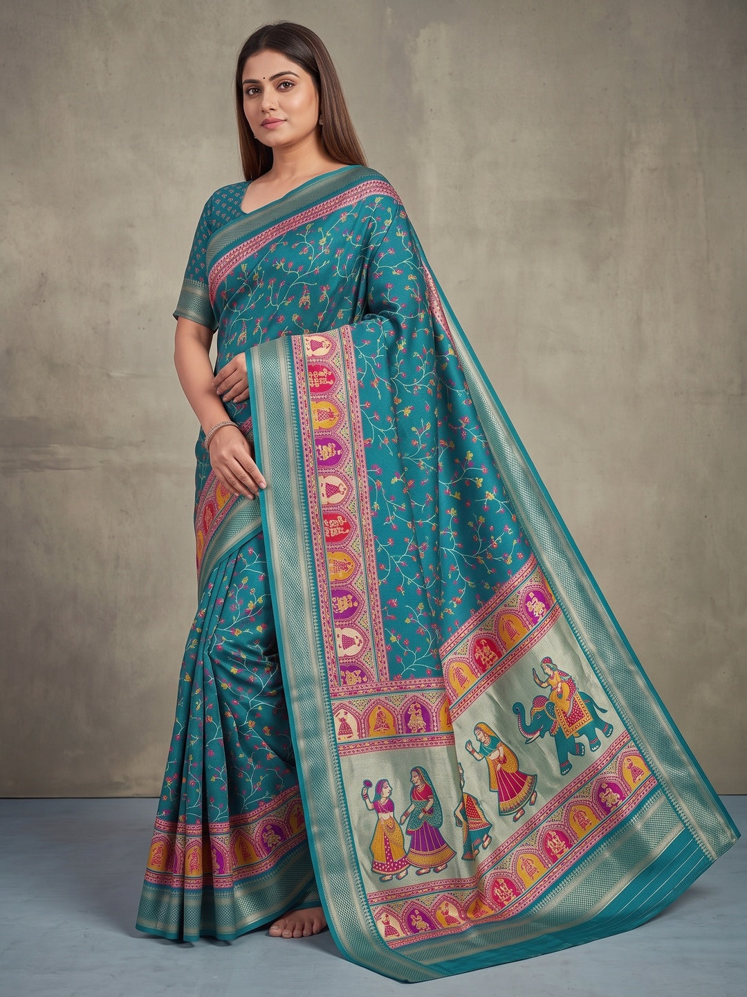 Peachmode Teal Blue Floral Printed Dolla Silk Saree with Woven Border - Image 4
