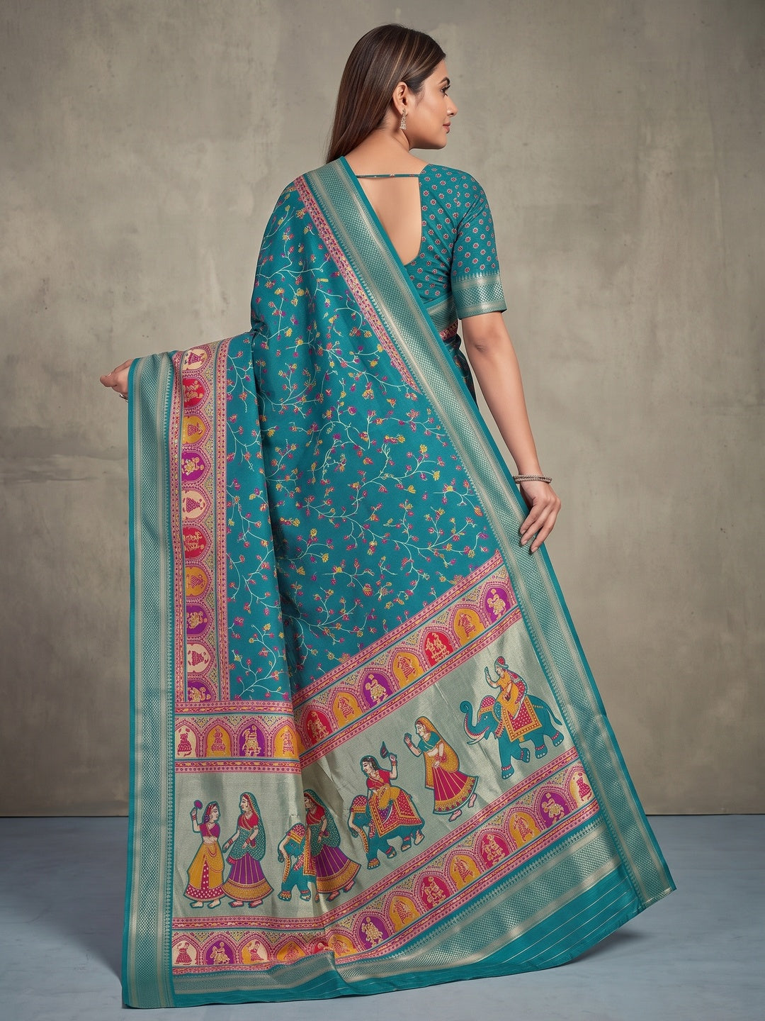 Peachmode Teal Blue Floral Printed Dolla Silk Saree with Woven Border - Image 5