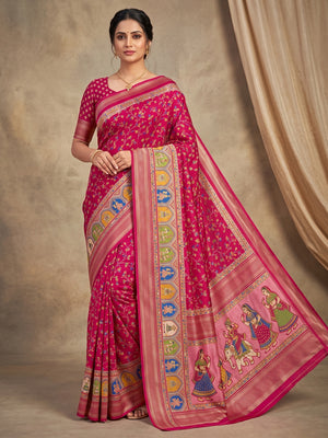 Peachmode Pink Floral Printed Dolla Silk Saree with Woven Border - Image 1