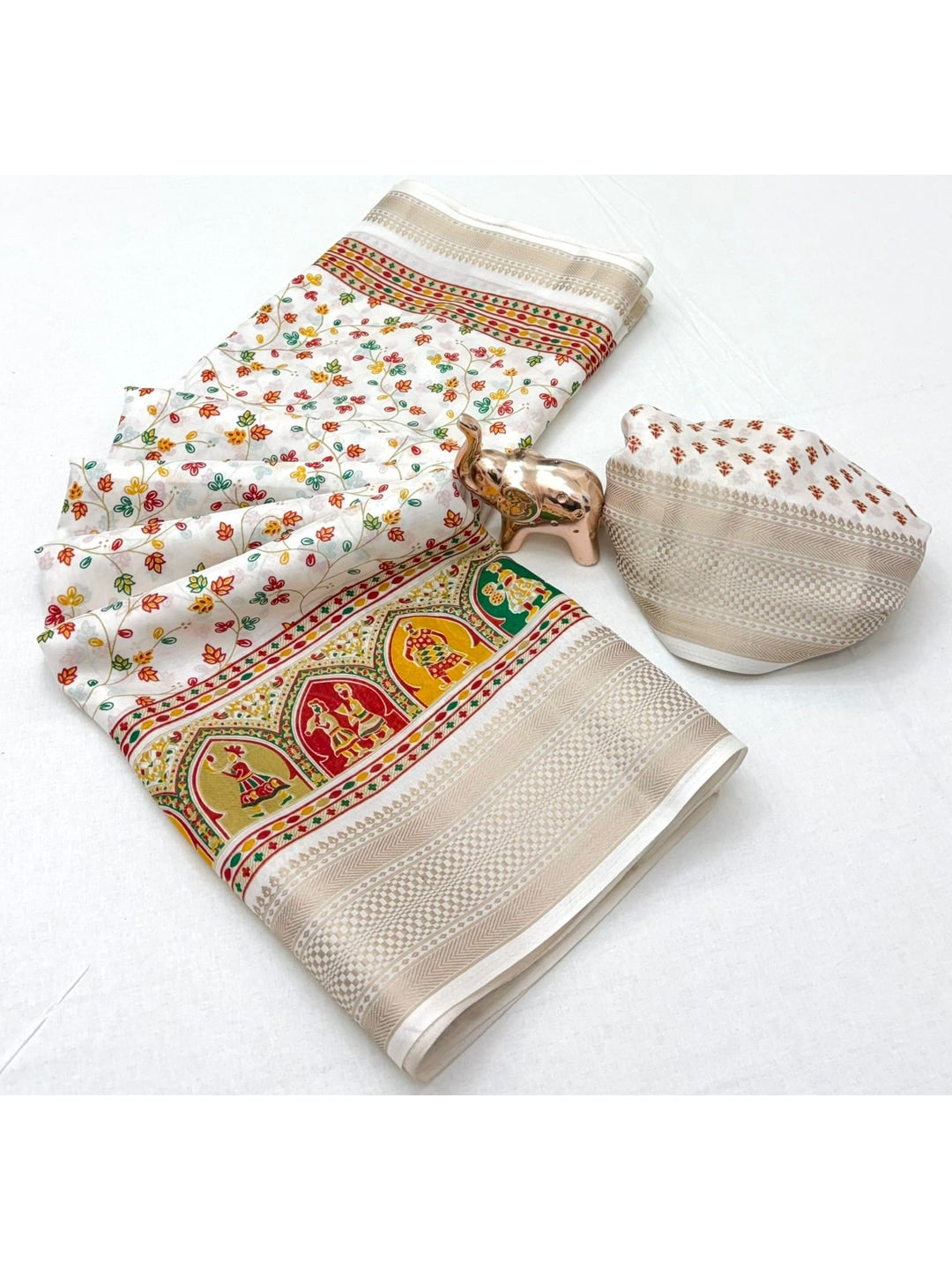 Peachmode Off White Floral Printed Dolla Silk Saree with Woven Border - Image 3