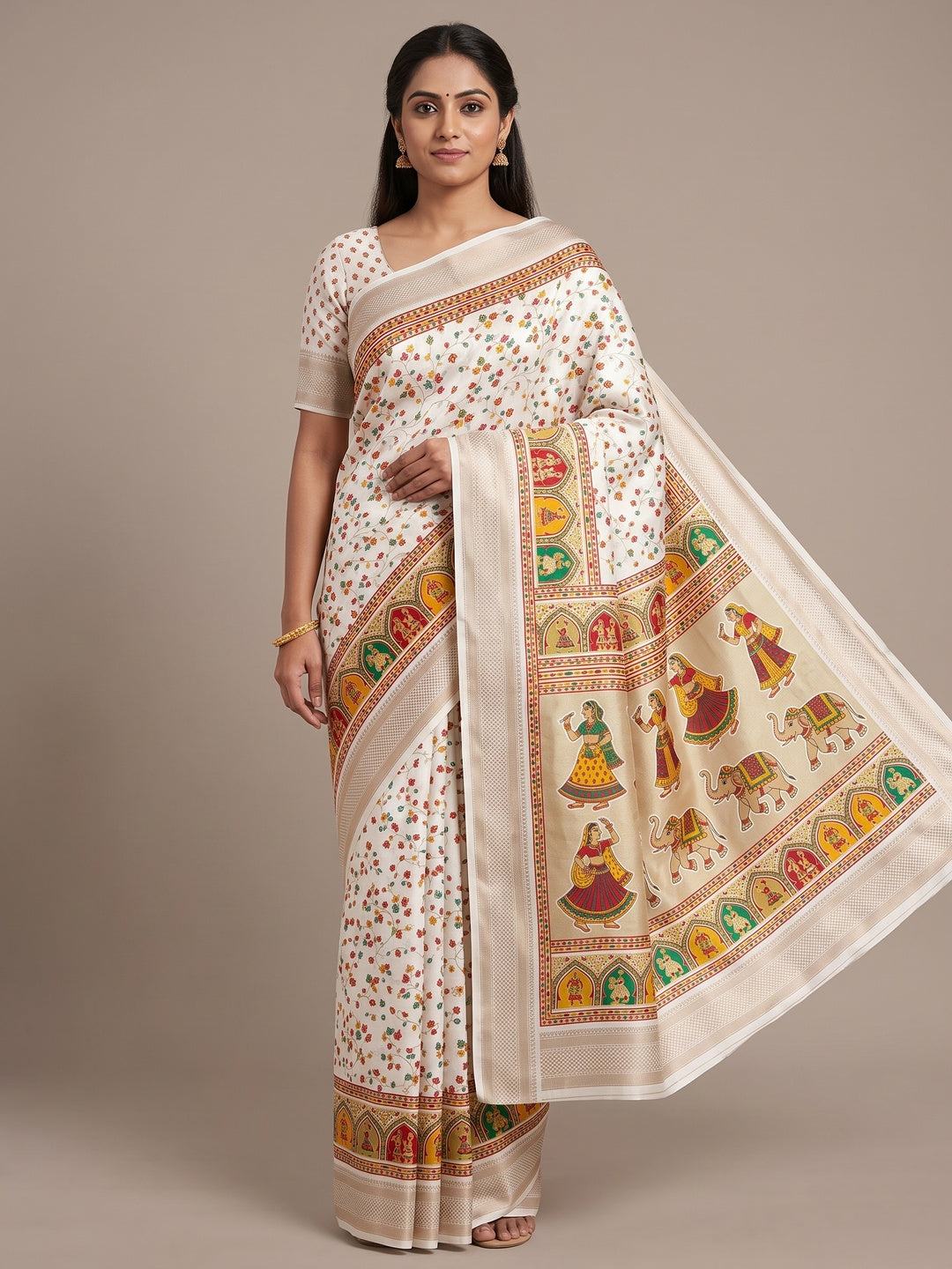 Peachmode Off White Floral Printed Dolla Silk Saree with Woven Border - Image 1