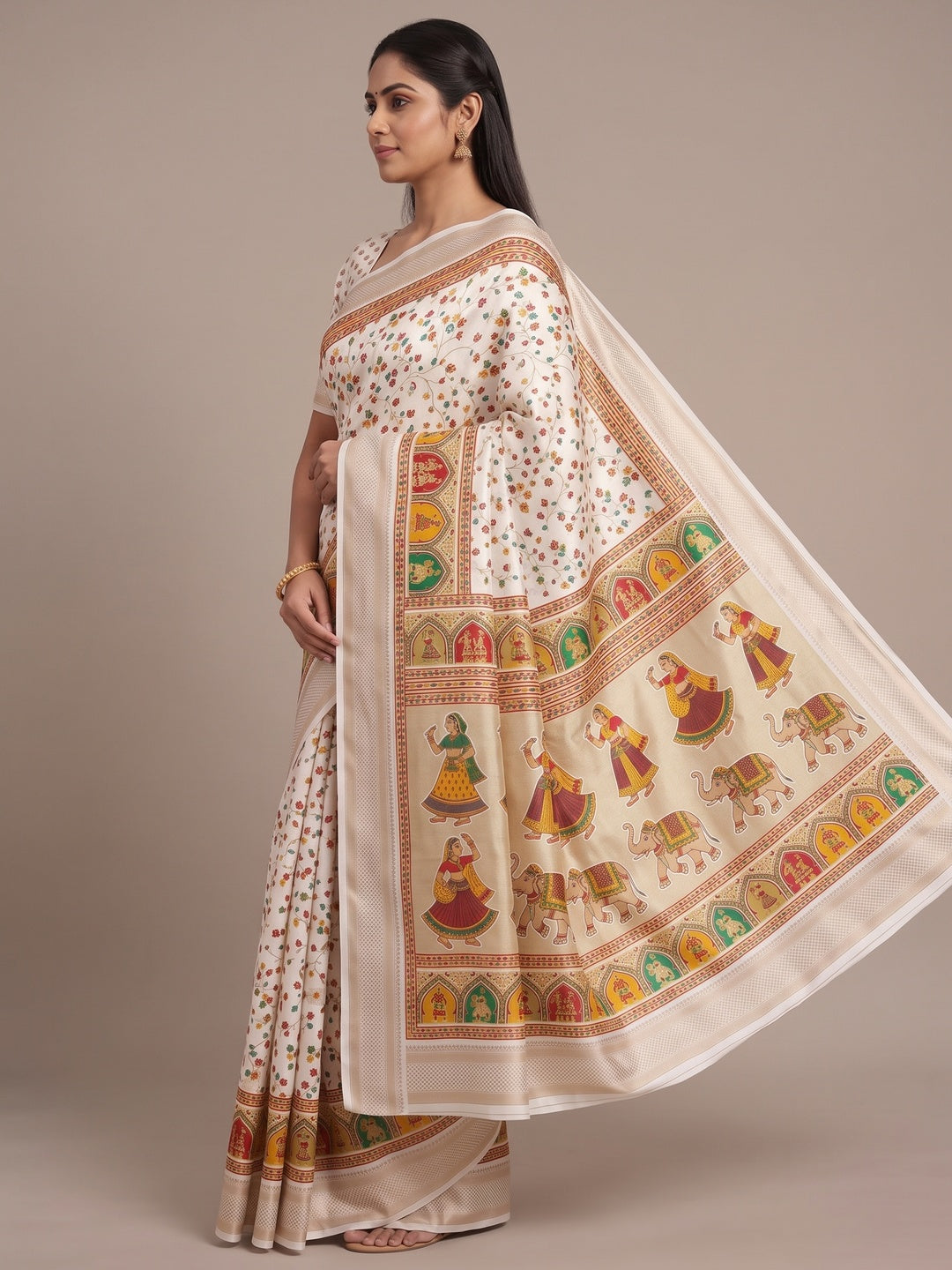 Peachmode Off White Floral Printed Dolla Silk Saree with Woven Border - Image 4