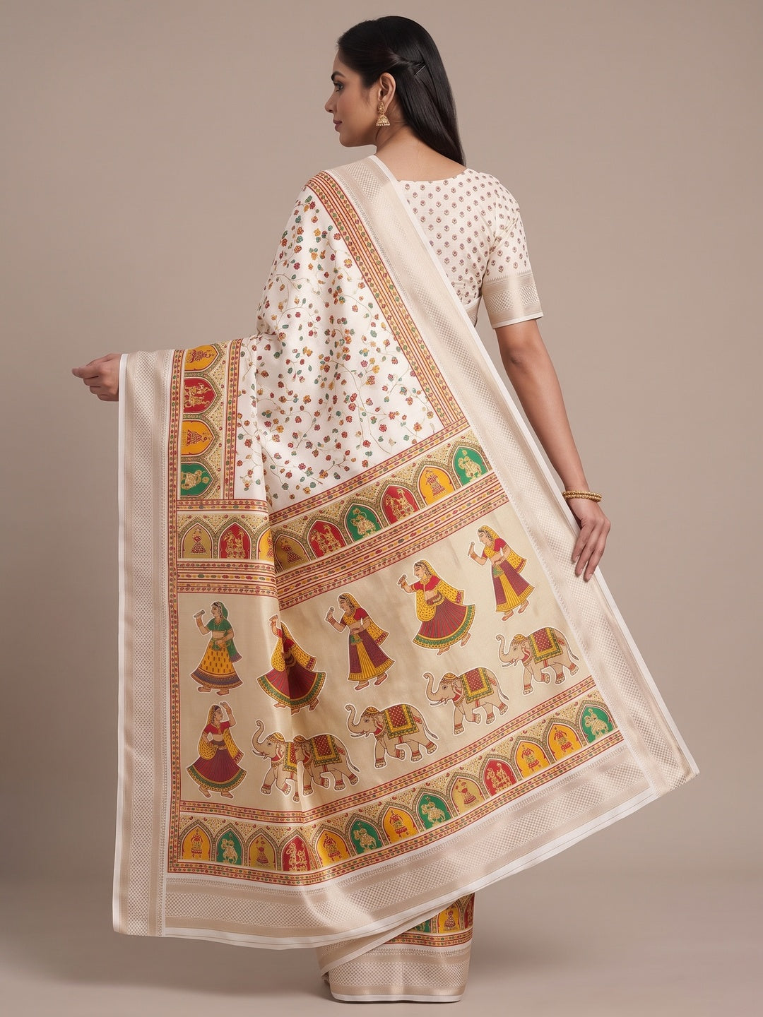 Peachmode Off White Floral Printed Dolla Silk Saree with Woven Border - Image 5