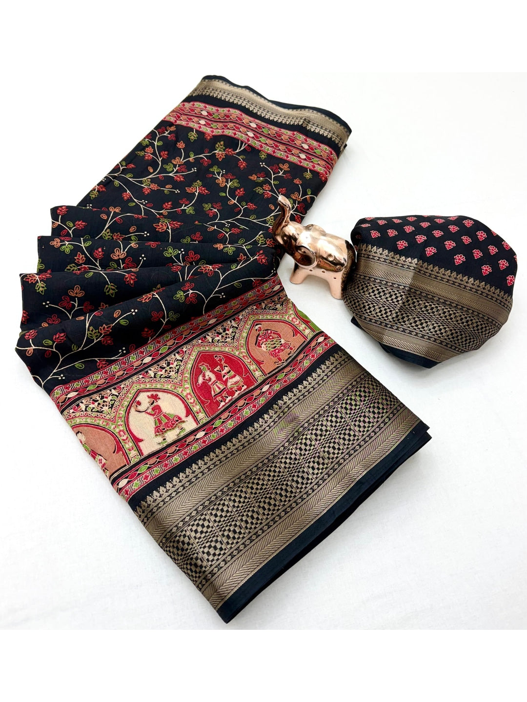 Peachmode Black Floral Printed Dolla Silk Saree with Woven Border - Image 3