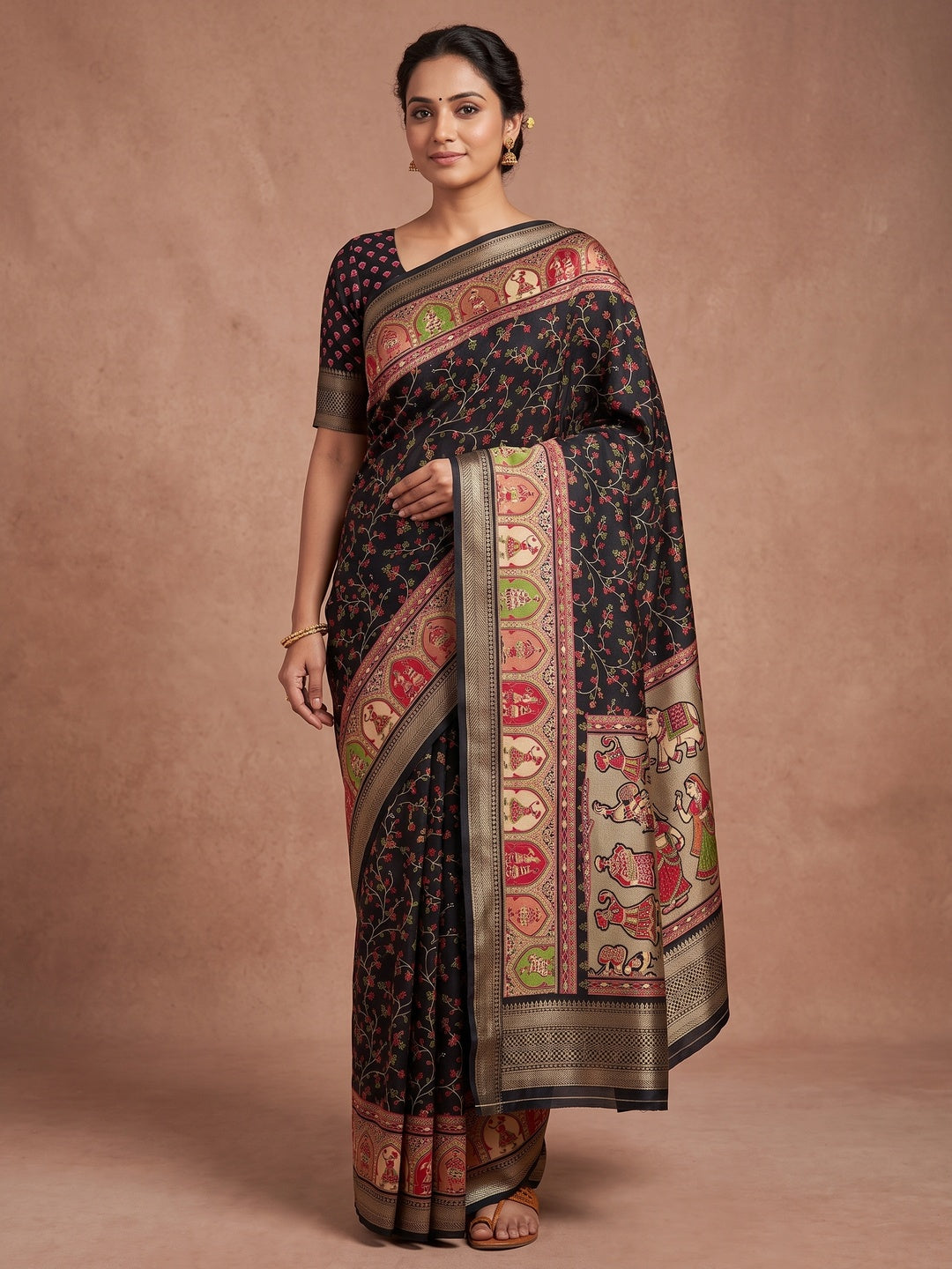 Peachmode Black Floral Printed Dolla Silk Saree with Woven Border - Image 1