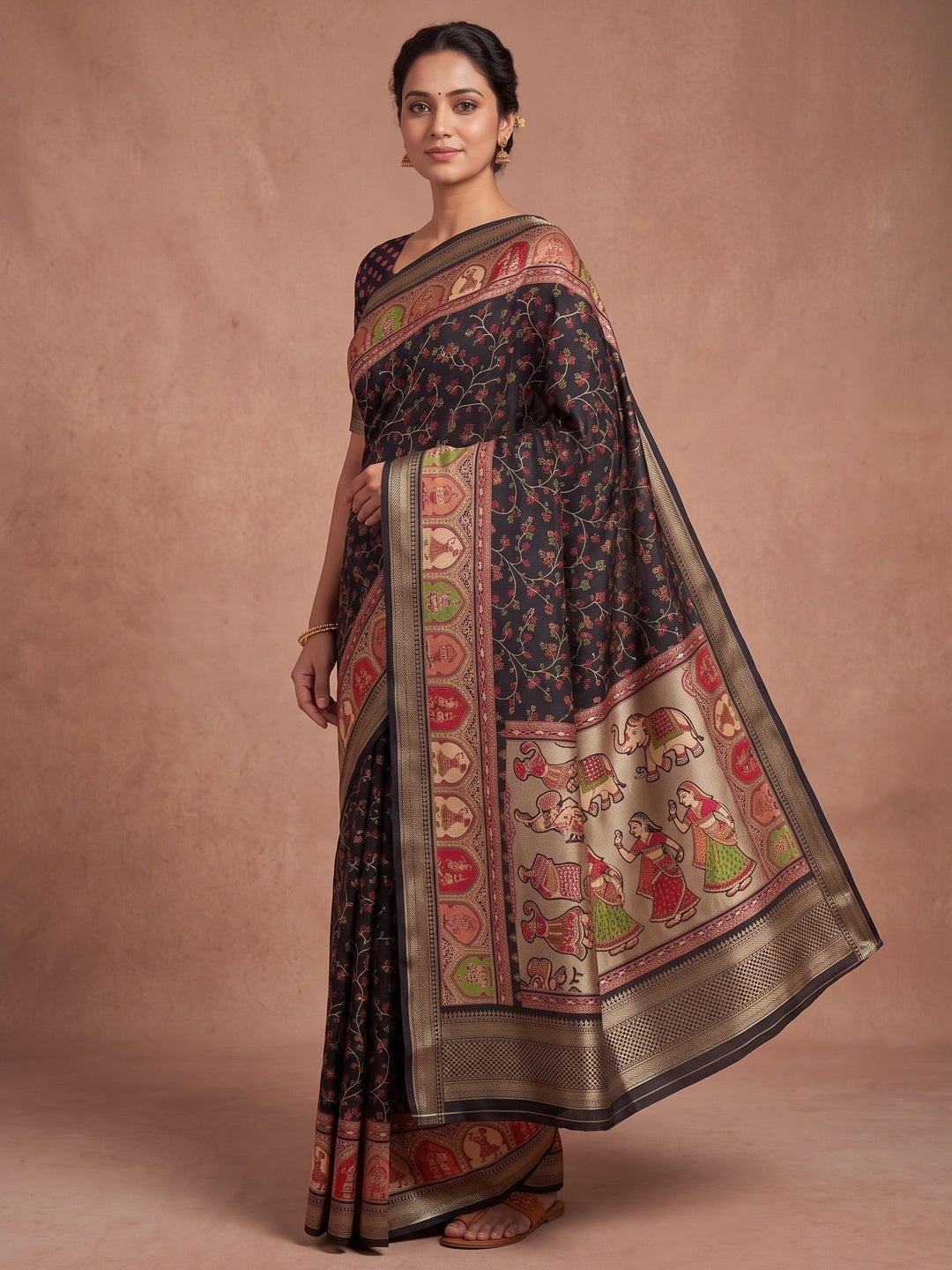 Peachmode Black Floral Printed Dolla Silk Saree with Woven Border - Image 4